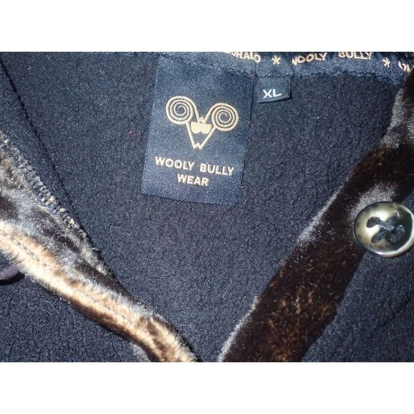 Wooly Bully Fleece pull over Hooded Top Women XL Button Neck Black faux fur trim - Picture 7 of 7